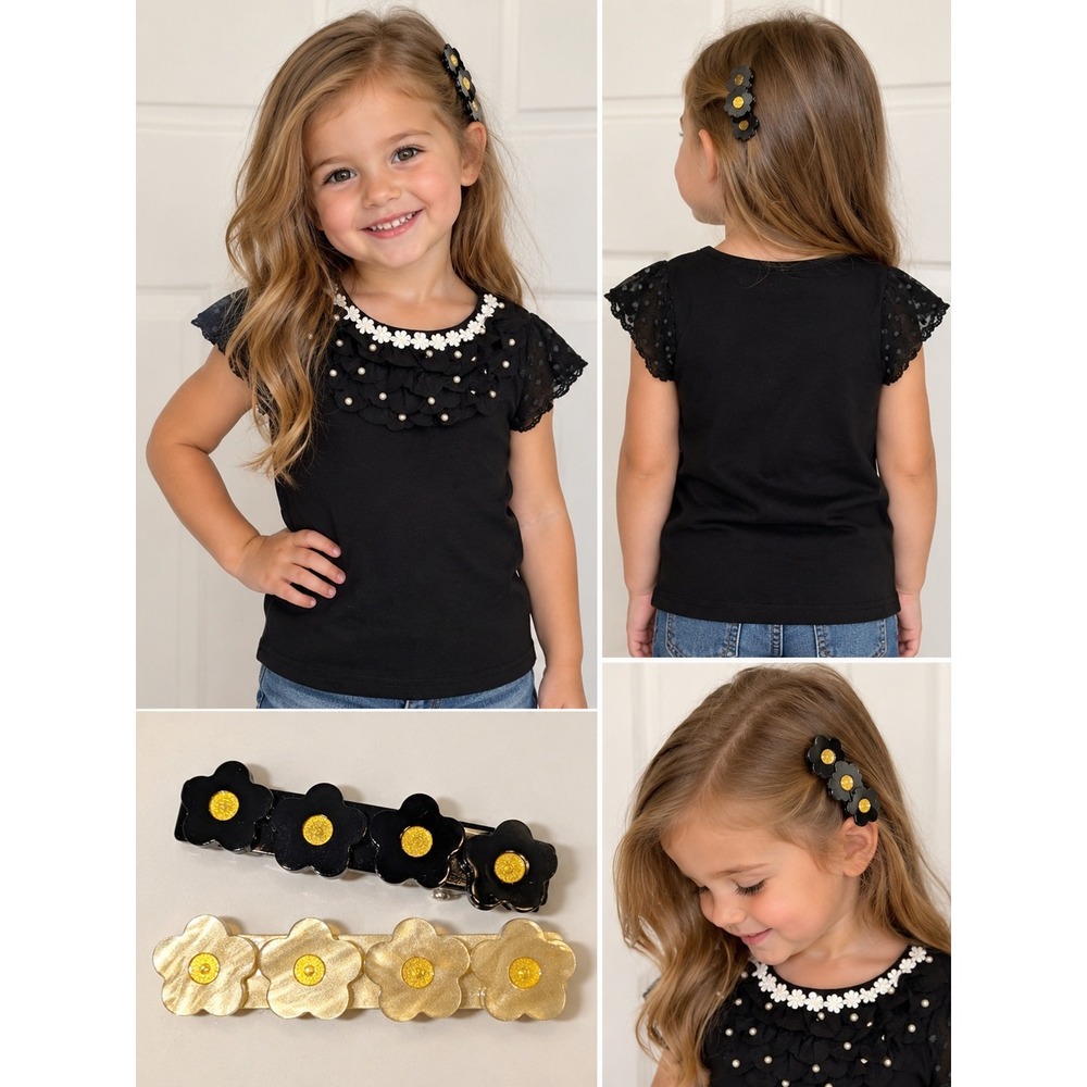 Think Pink Bows Girls Black Ruffle Pearl Daisy Top and Flower Hair Clips Set 3T